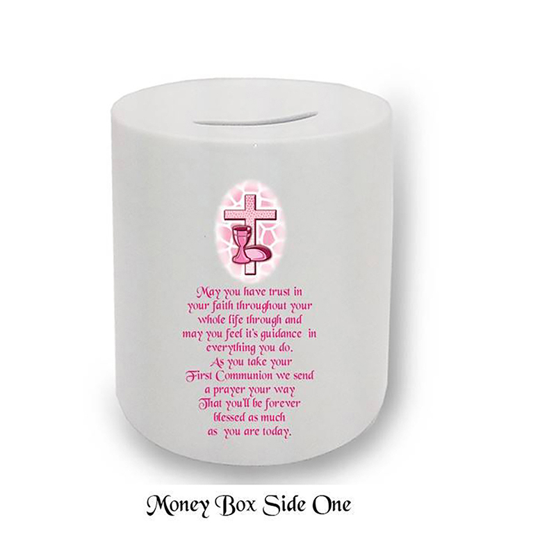 Customised Money Box Gift - Cross & Chalice Pink