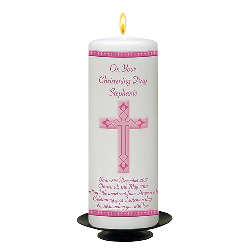 Customised Girls Christening Candle - Modern Pink Cross