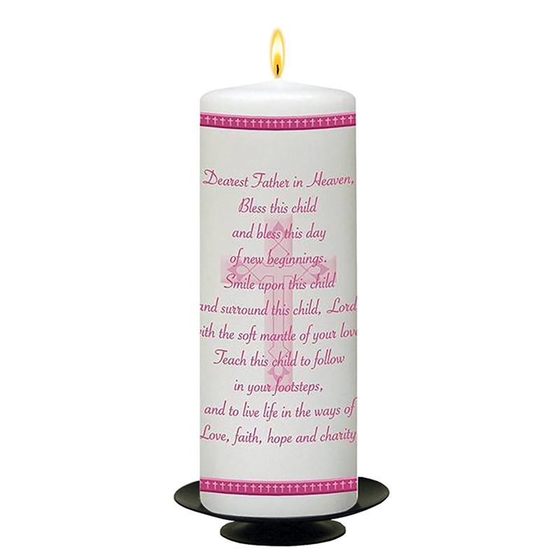 Customised Girls Christening Candle - Modern Pink Cross
