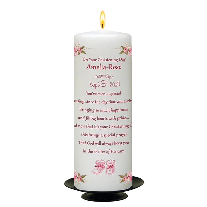 Customised Girls Christening Candle - A Pair of Pink Booties & Flower Border with Photo
