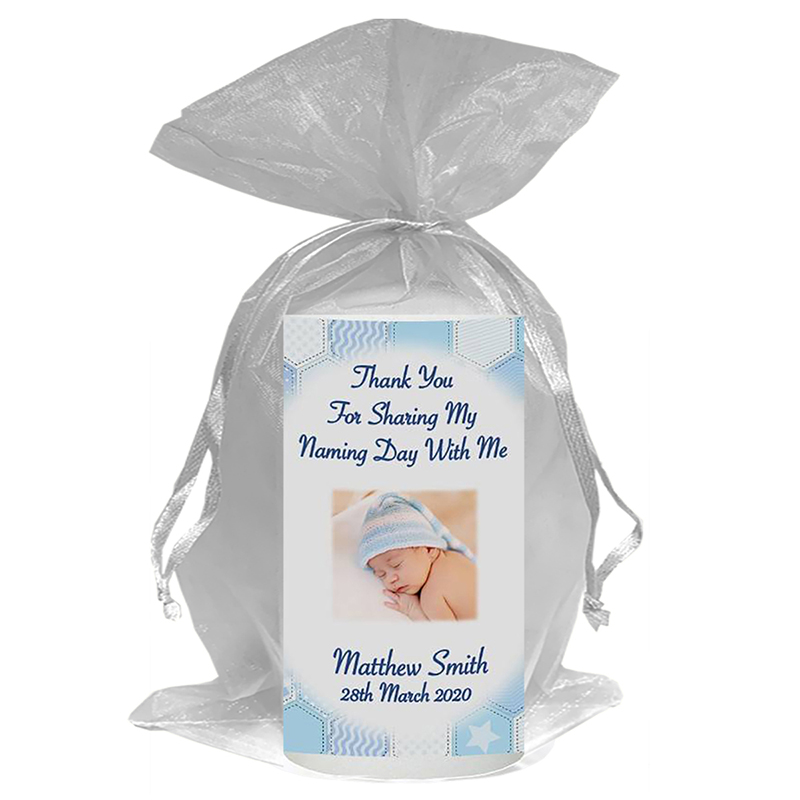 Customised Naming Day Candle Gift - Dots & Ribbon Blue with Photo