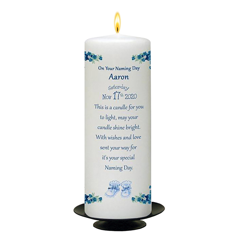 Customised Naming Day Candle Gift - A Pair of Booties Blue with Photo