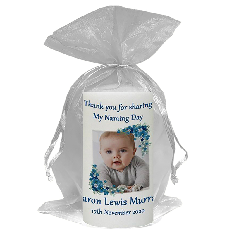 Customised Naming Day Candle Gift - A Pair of Booties Blue with Photo