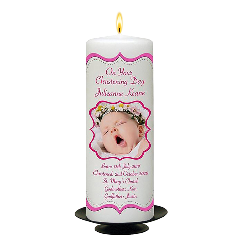 Customised Girls Christening Candle - Scroll Frame Pink with Photo