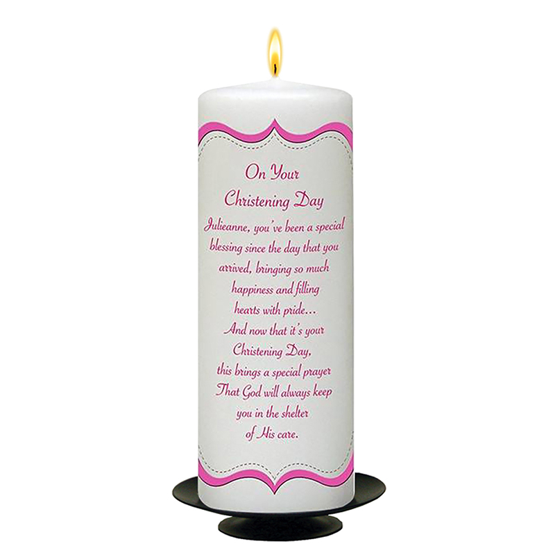 Customised Girls Christening Candle - Scroll Frame Pink with Photo