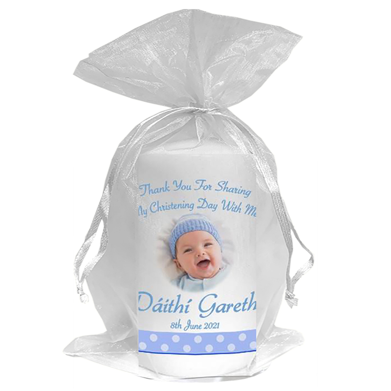 Customised Boys Christening Candle - Teddy & Bubbles Blue with Photo