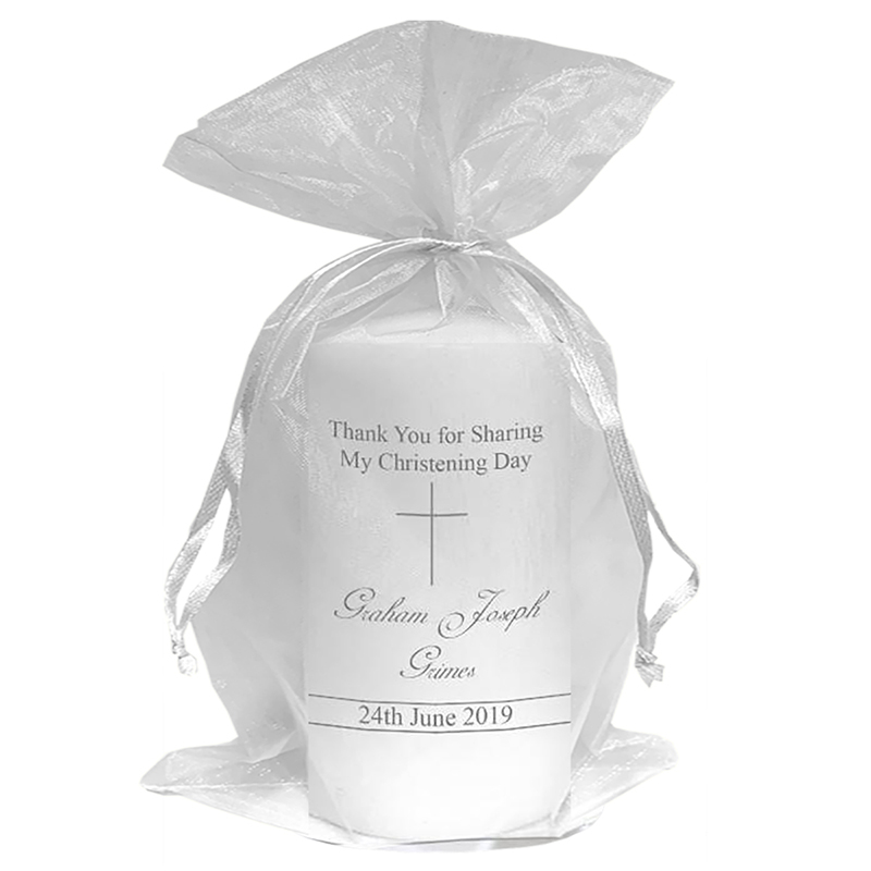 Customised Christening Candle - Thin Silver Cross & Script