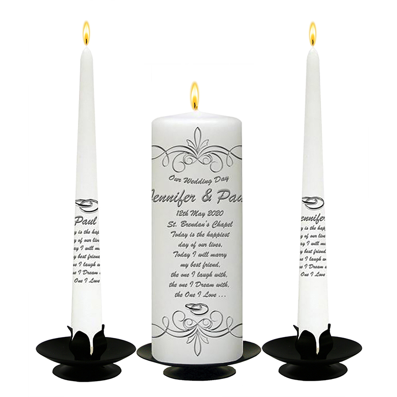 Customised Wedding Candles - Ornate Swirls & Silver Rings