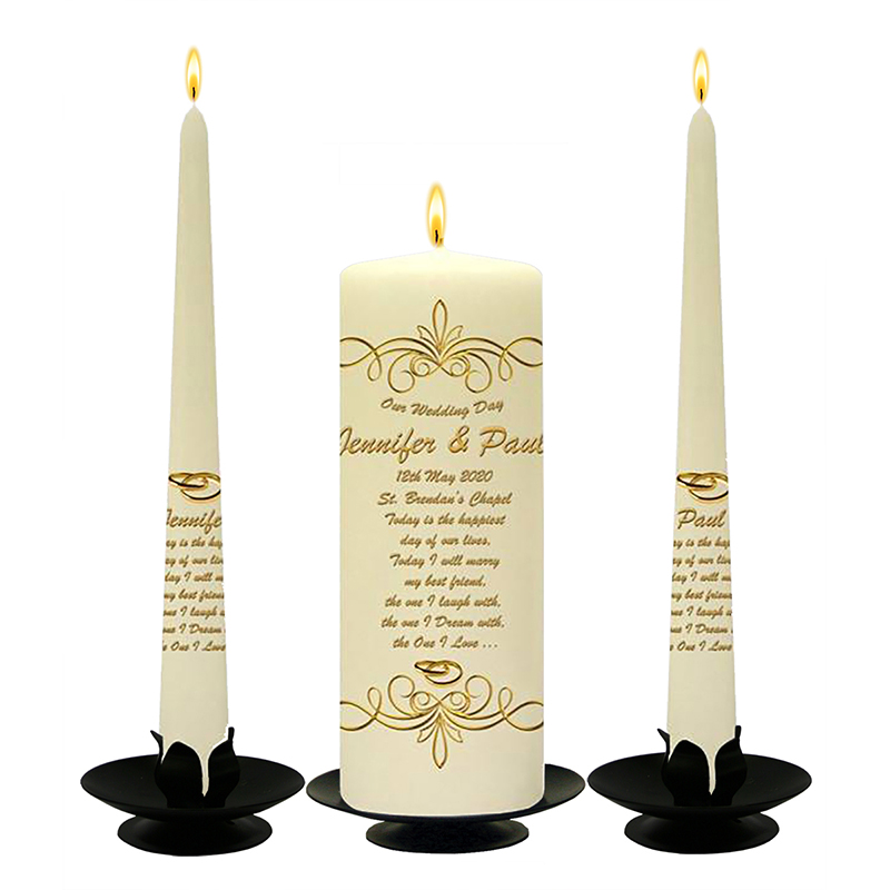 Customised Wedding Candles - Ornate Swirls & Gold Rings