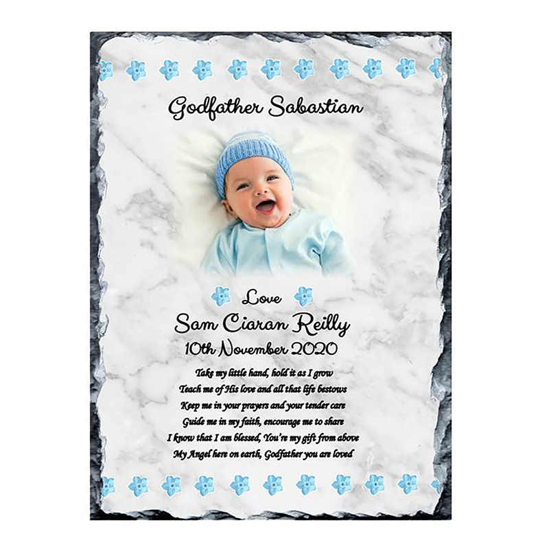 Customised Godfather Slate Gift - Forget Me Knots Blue with Photo