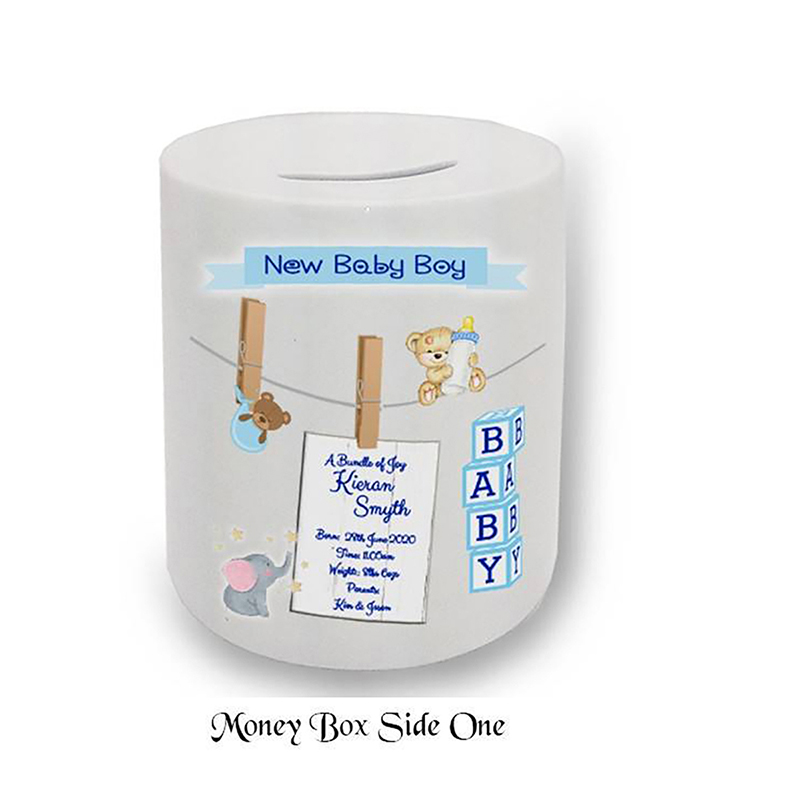 Customised New Baby Money Box Gift - Boy & Hands Toys & Pegs