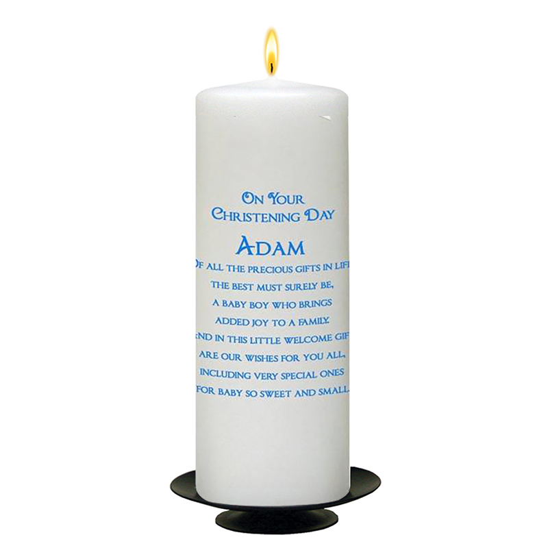 Customised Boys Christening Candle - Heart Blue Border with Photo