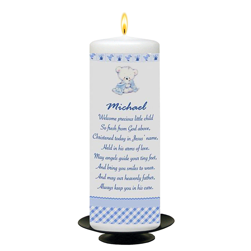 Customised Boys Christening Candle - Hush Teddy Blue with Photo