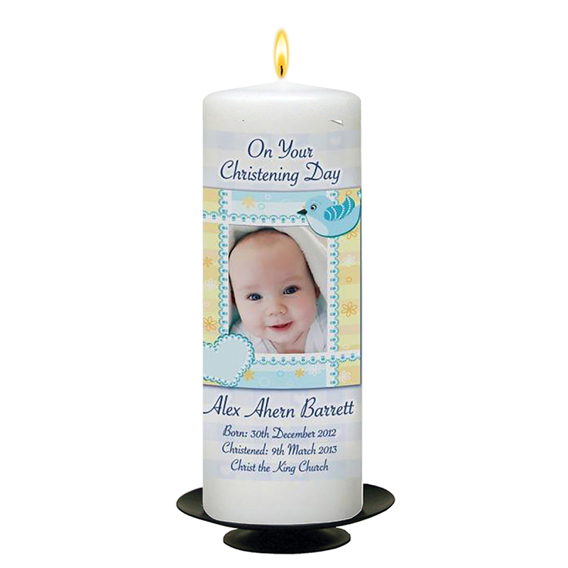 Customised Boys Christening Candle - Heart & Bird Blue with Photo