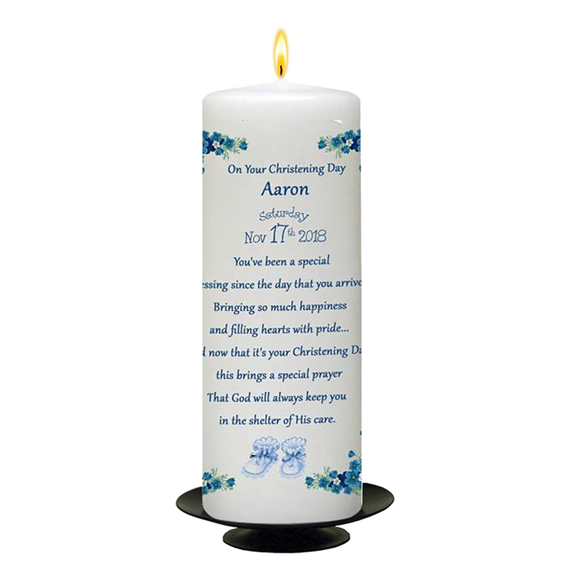 Peronsonalised Boys Christening Candle - A Pair of Blue Booties & Flower Border with Photo