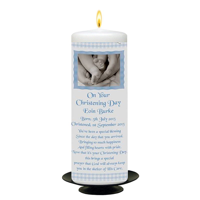 Customised Boys Christening Candle - Gingham Feet Blue