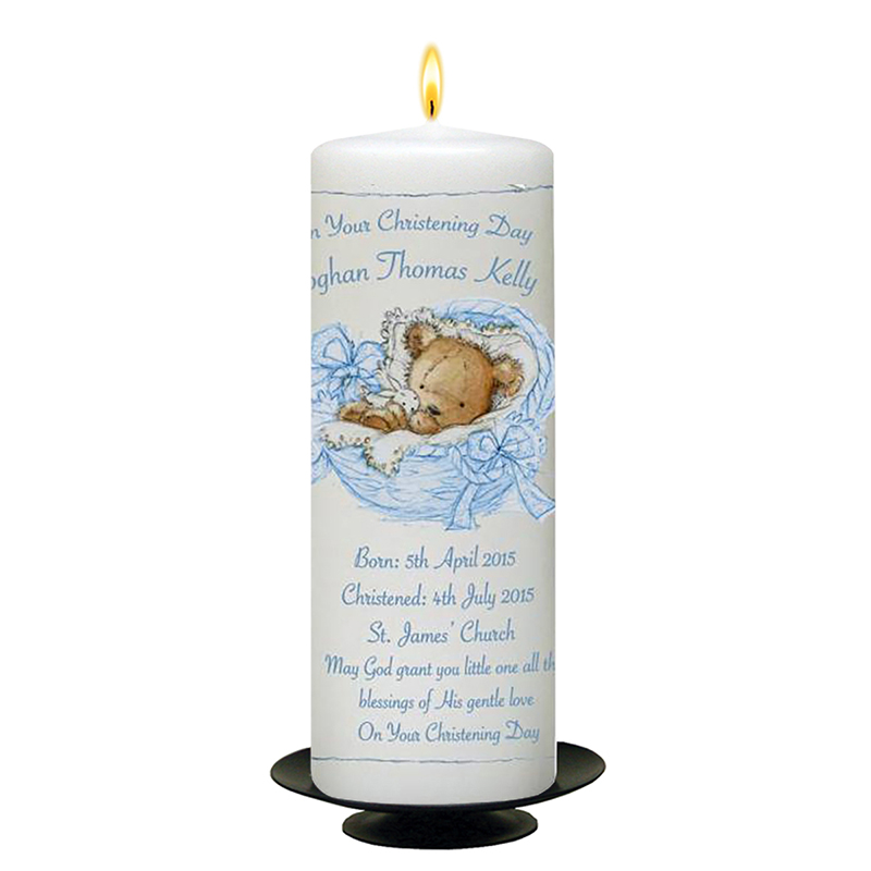 Customised Boys Christening Candle - Teddy in Basket Blue