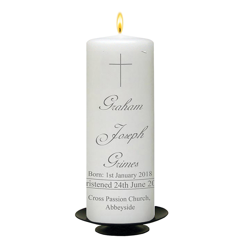 Customised Christening Candle - Thin Silver Cross & Script