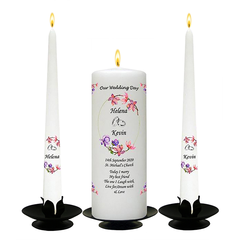 Customised Wedding Candles - Flower Oval & Silver Rings