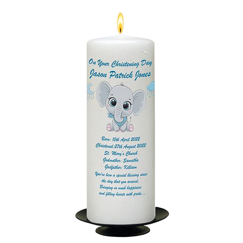 Peronsonalised Boys Christening Candle - Ellie Elephant & Clouds Blue