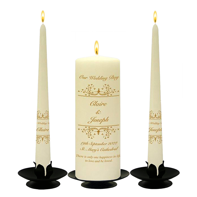 Customised Wedding Candles - Ornate Swirls Gold Script