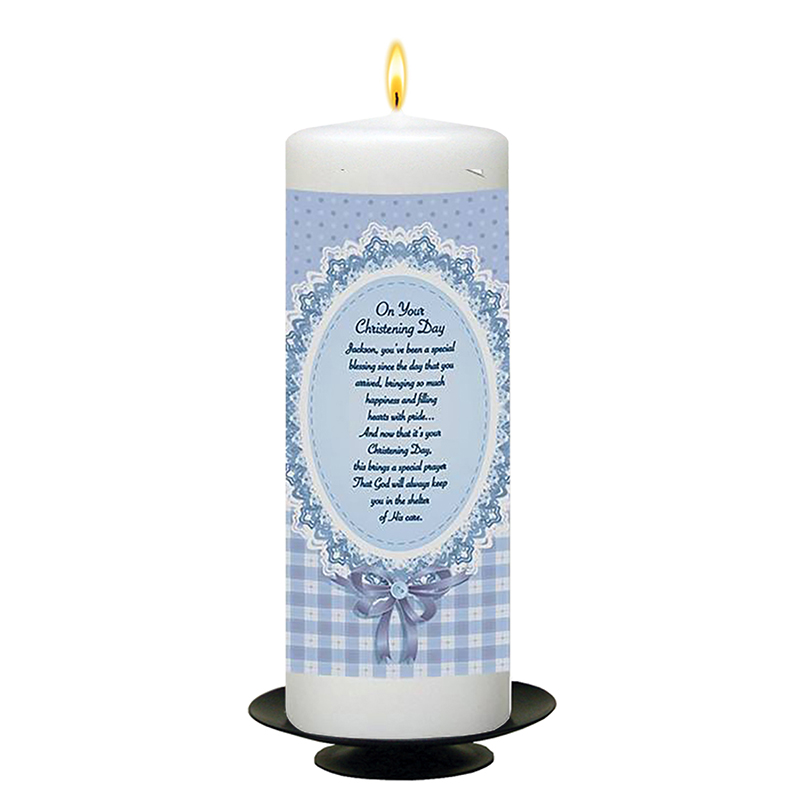 Peronsonalised Boys Christening Candle - Gingham & Blue Lace Ornate Frame with Photo