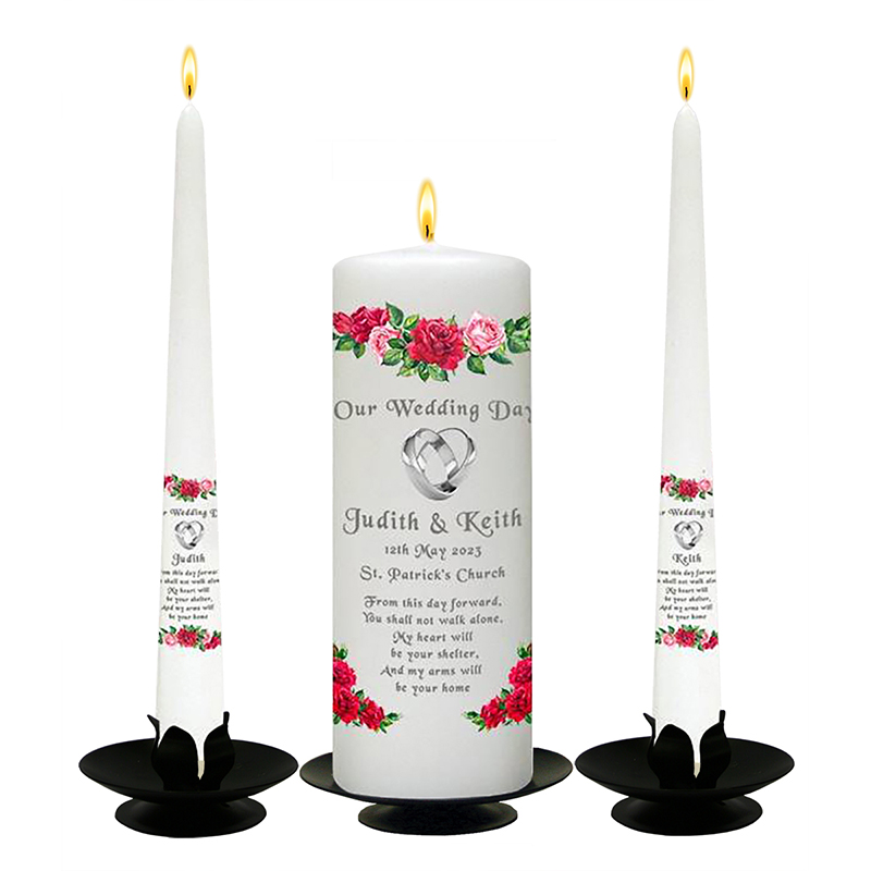 Customised Wedding Candles - Roses & Silver Rings