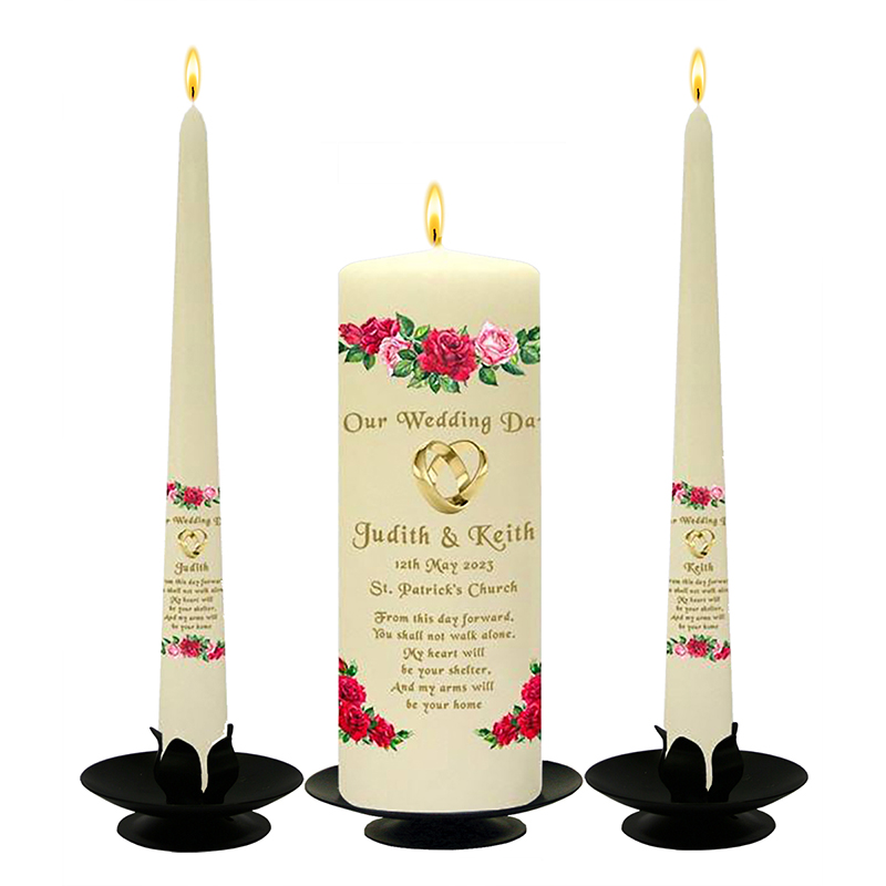 Customised Wedding Candles - Roses & Gold Rings
