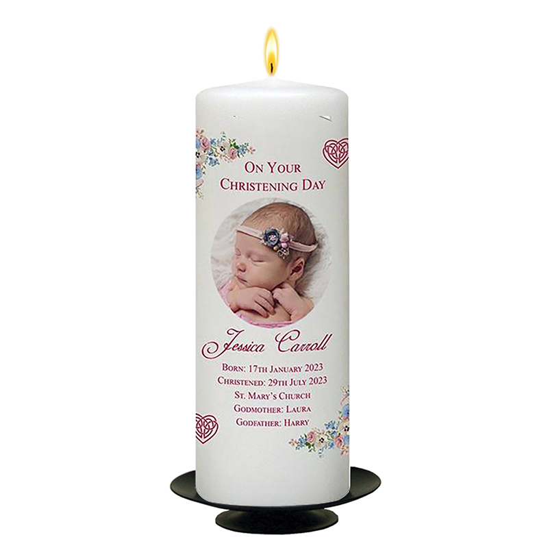 Customised Girls Christening Candle - Mothers Love Knot Pink with Photo