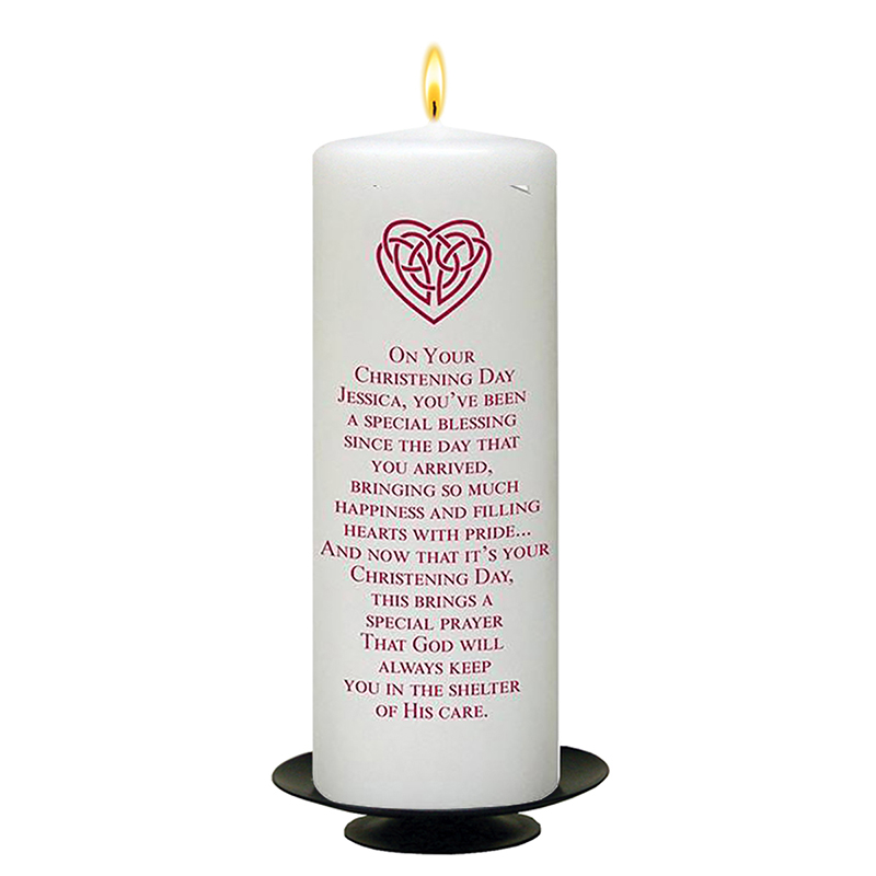 Customised Girls Christening Candle - Mothers Love Knot Pink with Photo