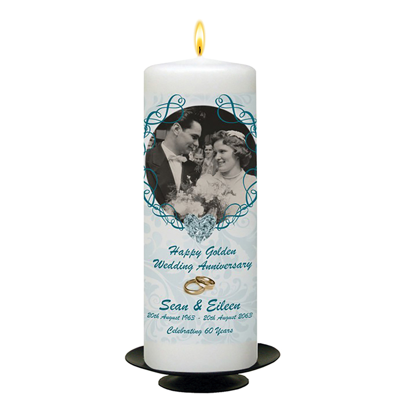 Customised Wedding Anniversary Candle Gift - 60th (Diamond) Anniversary - Love Heart Gem & Photo