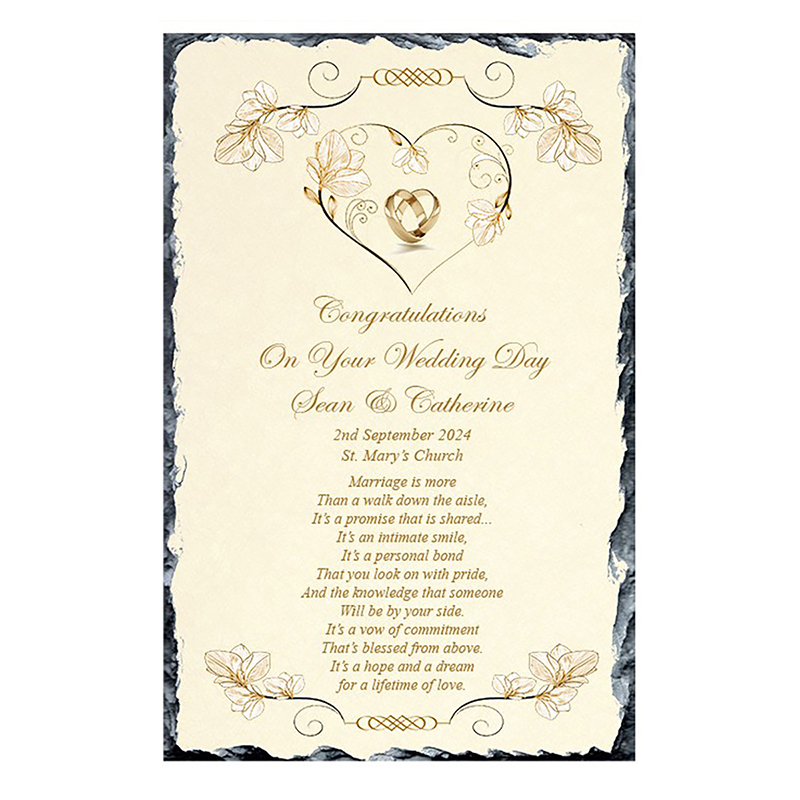 Personalsied Wedding Slate Gift - Flower Heart & Rings