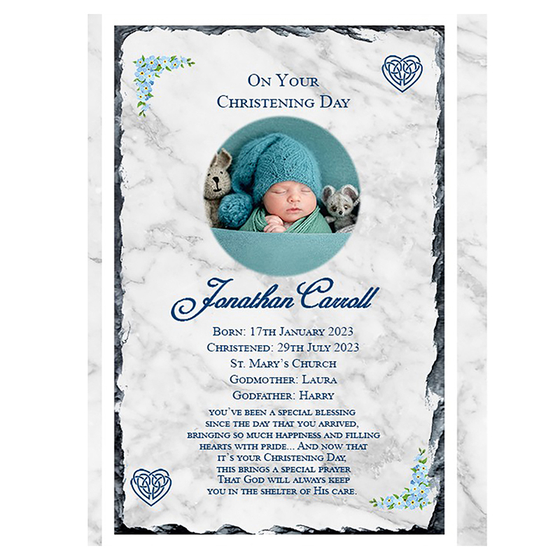 Peronsonalised Boys Christening Candle - Mothers Love Knot Blue with Photo
