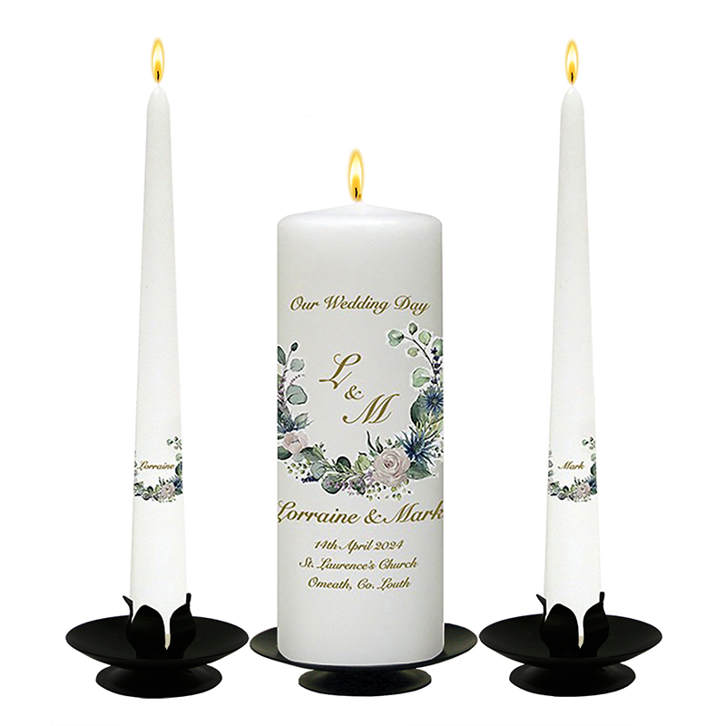 Customised Wedding Candles - Green & White Flower Circle Gold Script
