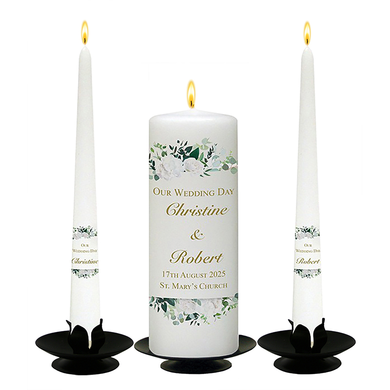 Customised Wedding Candles - Top & Tail Green & White Flowers Gold Script