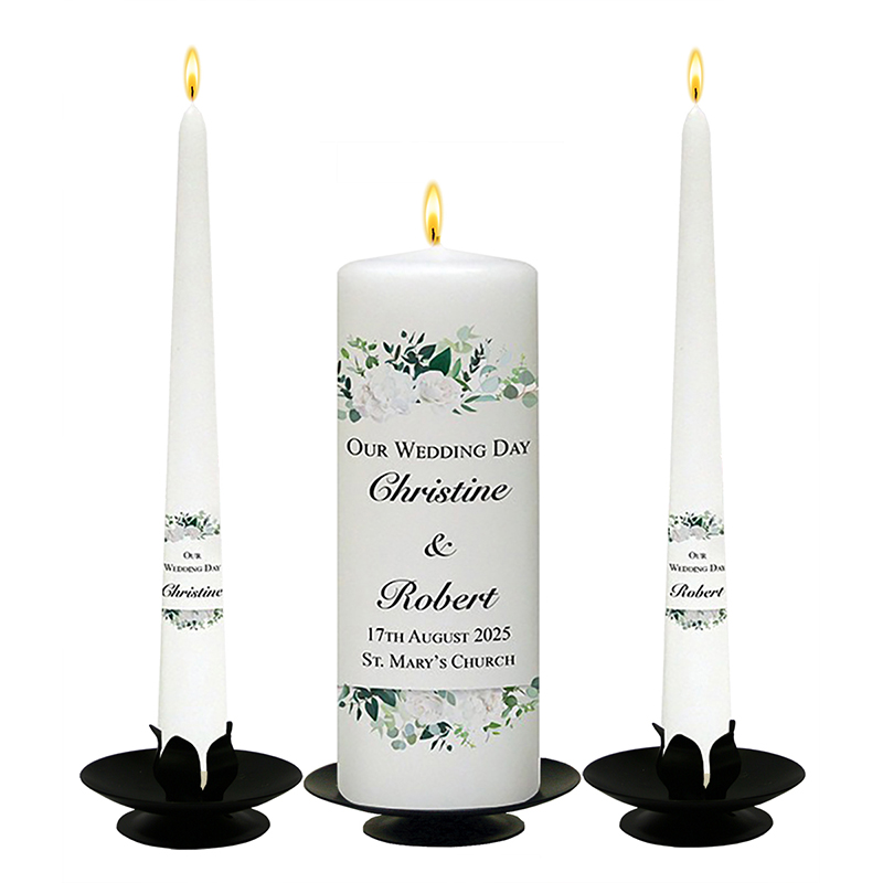 Customised Wedding Candles - Top & Tail Green & White Flowers Black Script