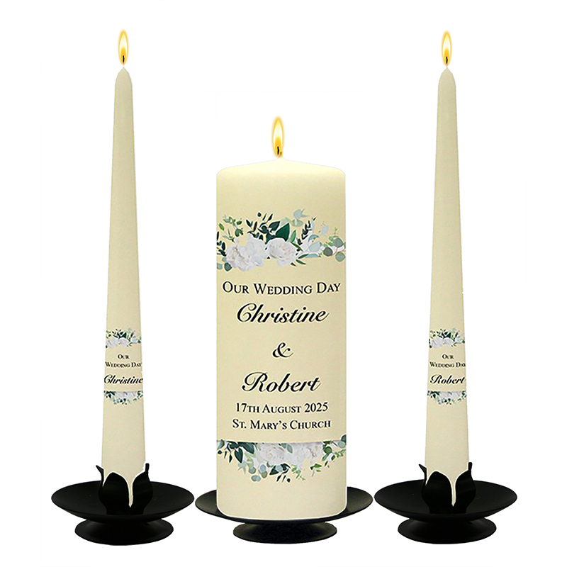 Customised Wedding Candles - Top & Tail Green & White Flowers Black Script