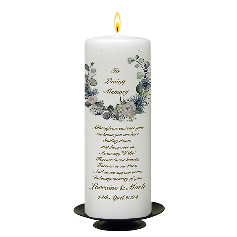 Customised Wedding Remembrance Candle - Green & White Flower Circle Gold Script