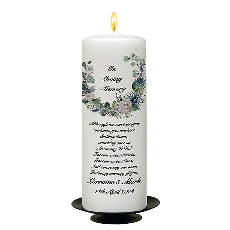 Customised Wedding Remembrance Candle - Green & White Flower Circle Black Script