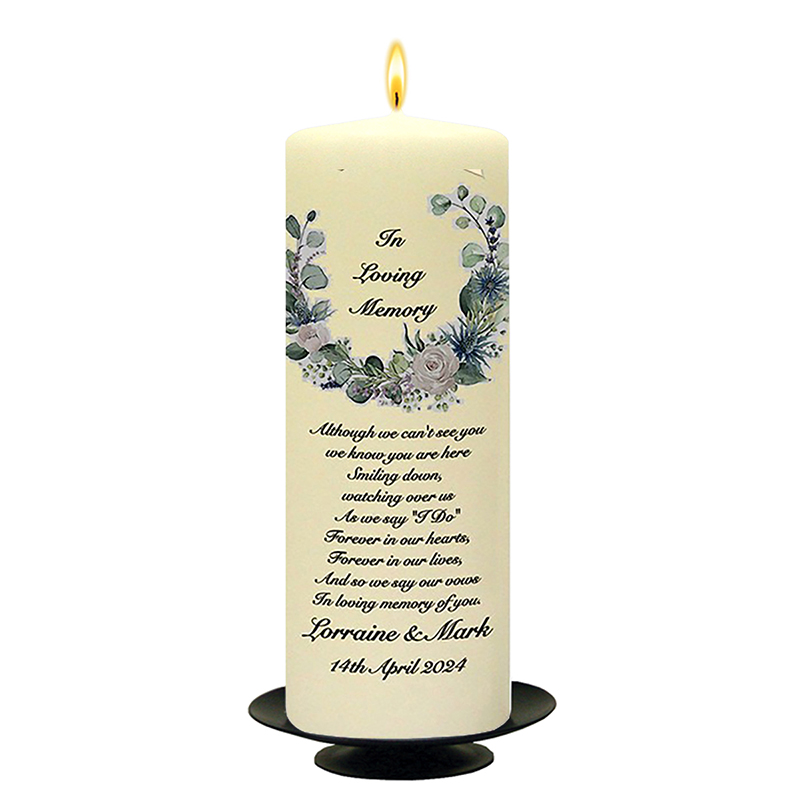 Customised Wedding Remembrance Candle - Green & White Flower Circle Black Script