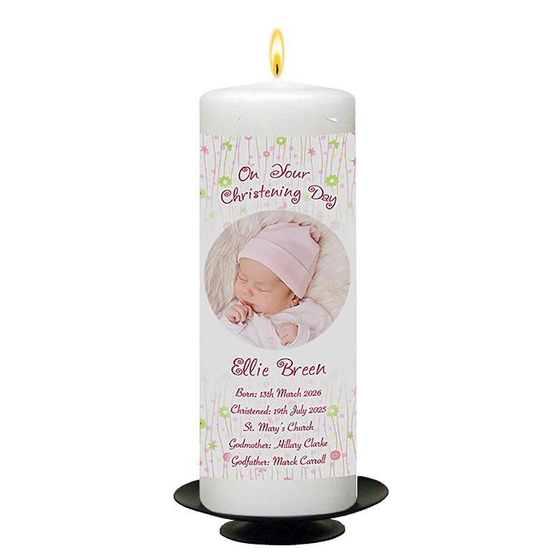 Customised Girls Christening Candle - All Things Nice & Photo Pink