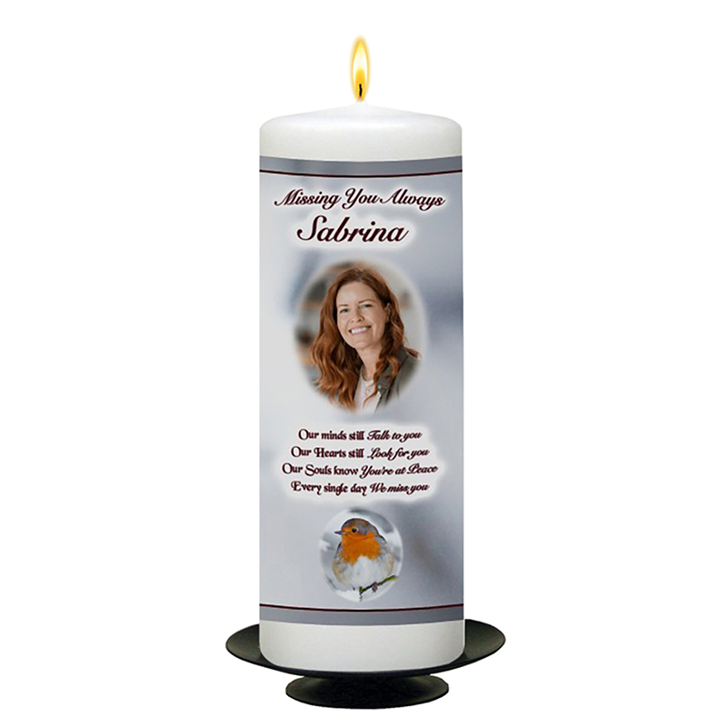 Customised Christmas Remembrance Candle - Robin & Snow with Photo