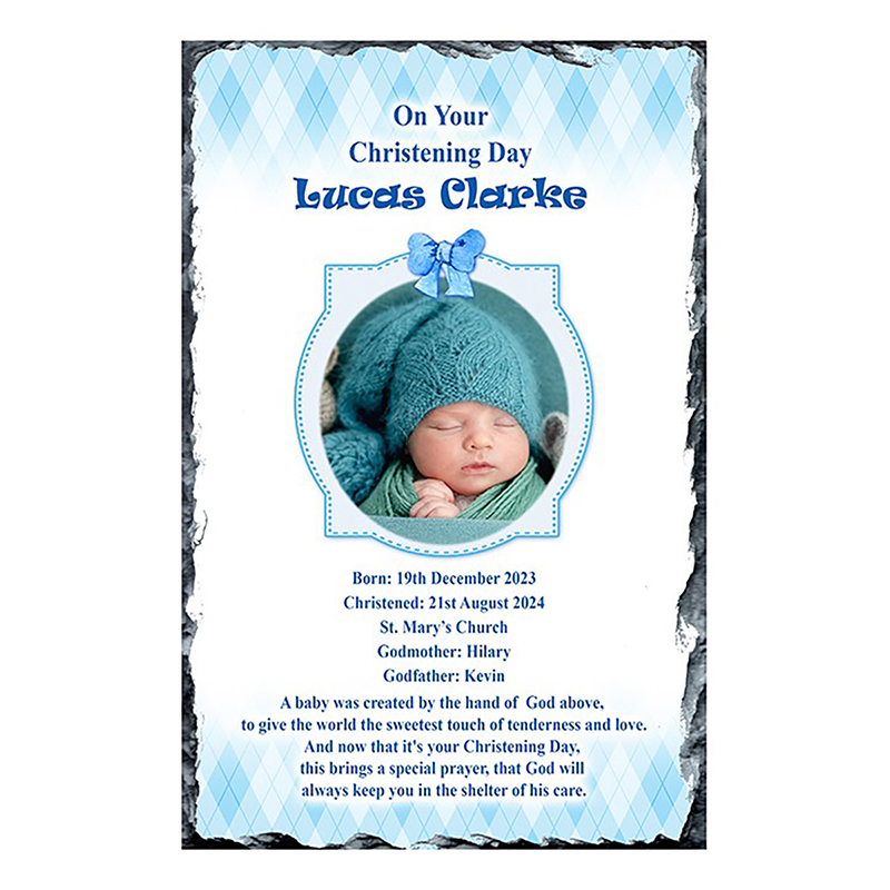 Customised Boy Christening Slate Gift - Teddy & Chair Blue with Photo