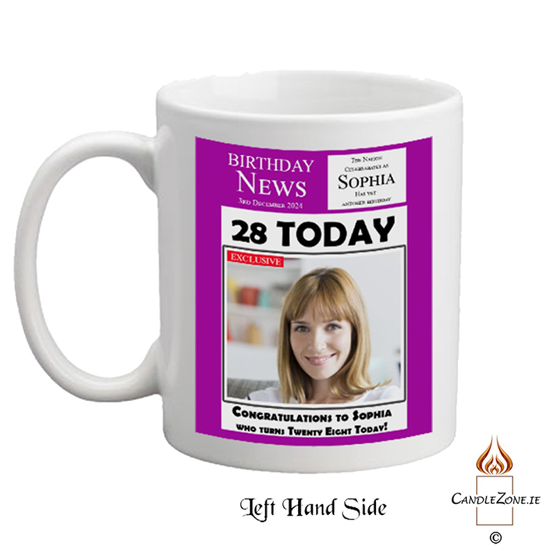 Customised Birthday Mug Gift - Birthday News - Purple with photo