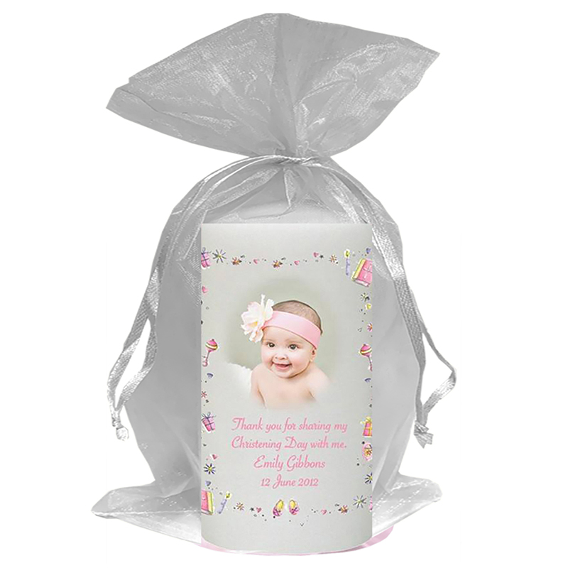 Customised Girls Christening Candle - Stars & Hearts Pink with Photo