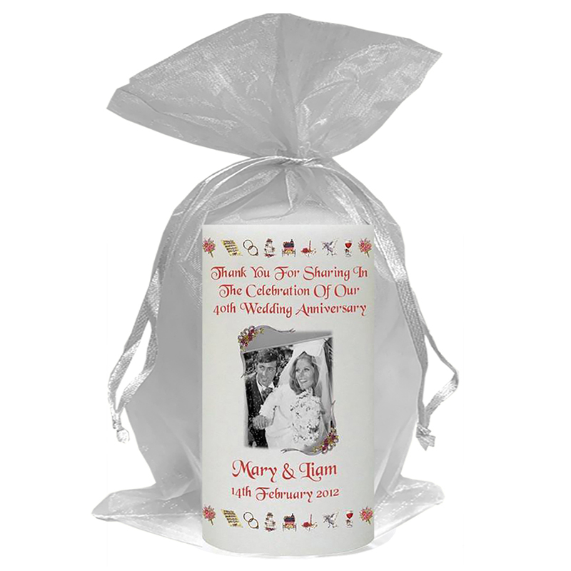 Customised Wedding Anniversary Candle Gift - 40th (Ruby) Anniversary - Ribbons & Photo