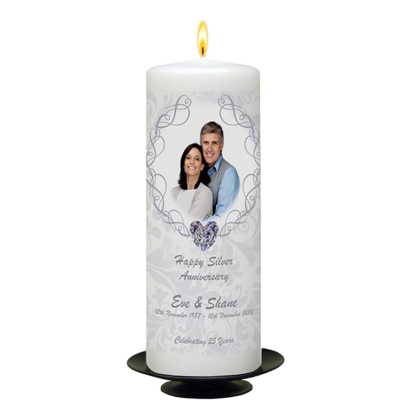 Customised Wedding Anniversary Candle Gift - 25th (Silver) Anniversary - Love Heart Gem & Photo