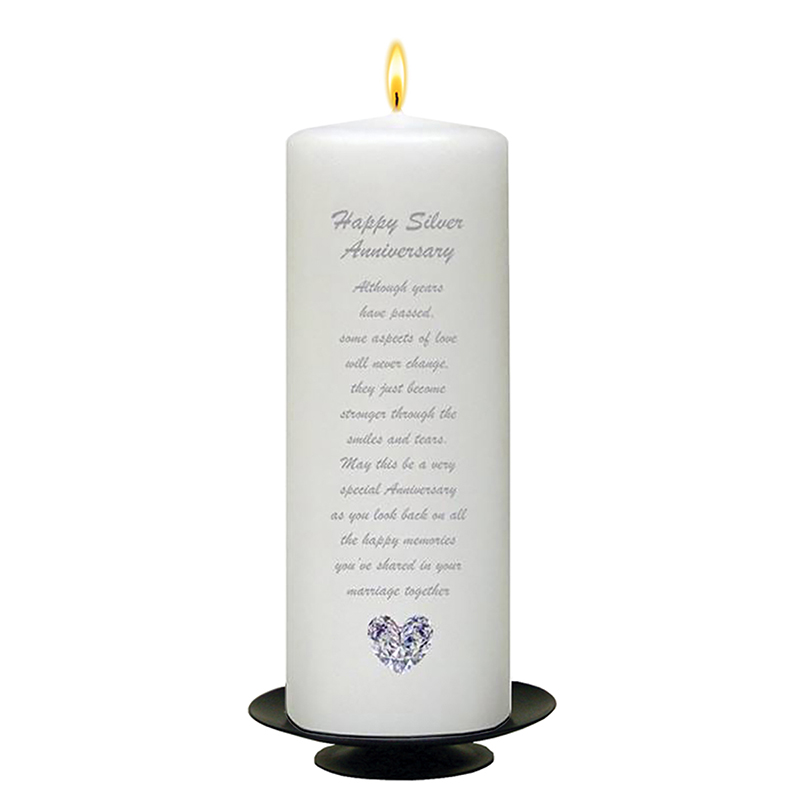 Customised Wedding Anniversary Candle Gift - 25th (Silver) Anniversary - Love Heart Gem & Photo