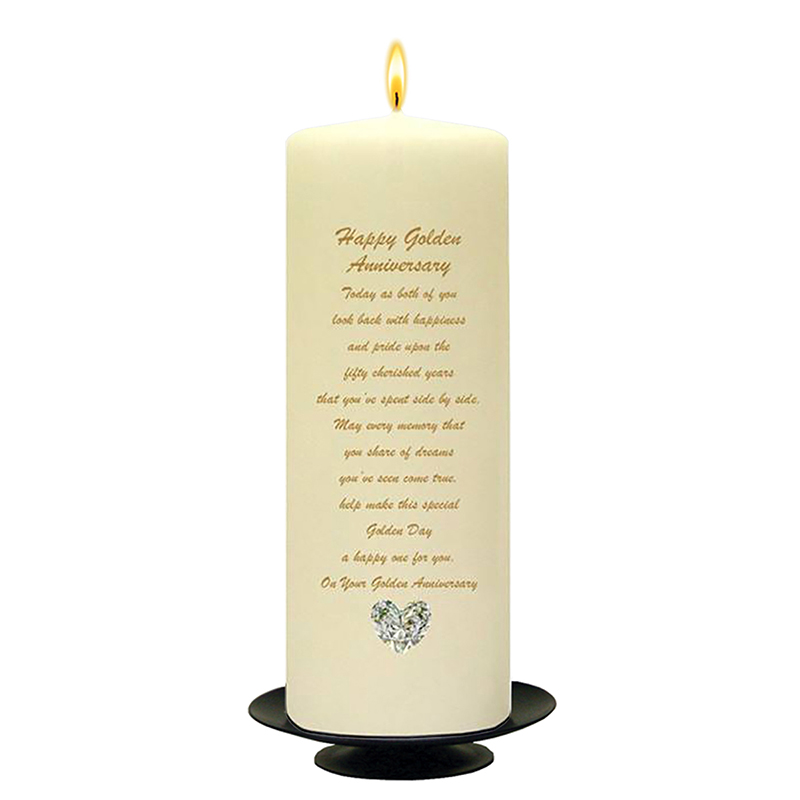 Customised Wedding Anniversary Candle Gift - 50th (Golden) Anniversary - Love Heart Gem & Photo
