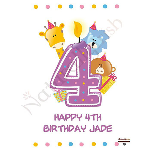 Customised Birthday Candle - Age 4 - Animal Party & Photo